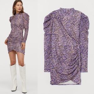 NEW H&M Leopard Animal Print Purple Mesh Shirred Mini Dress M